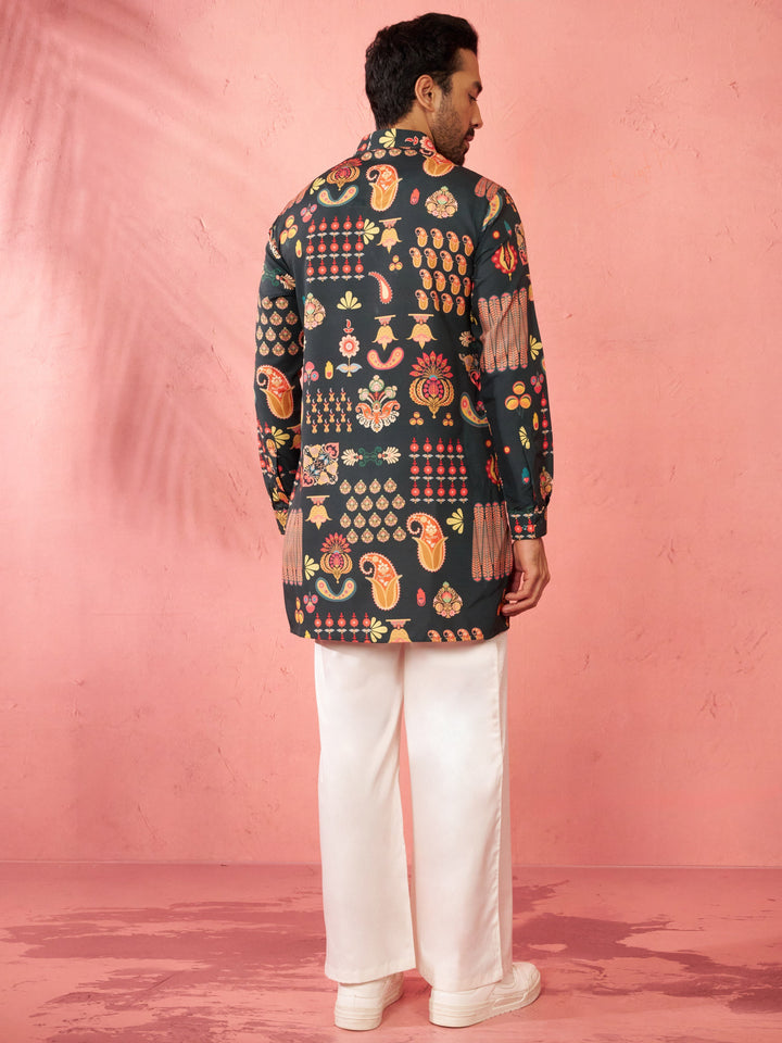 Men's Bottle Green Digital Print Kurta with Cream Palazzo Set