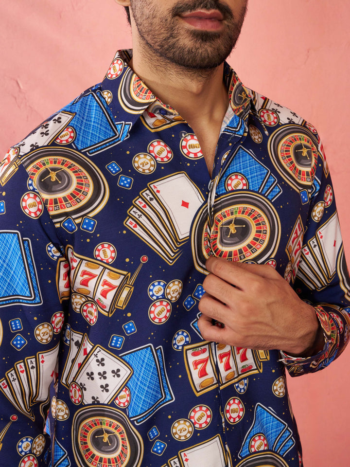Men's Blue Digital Print Kurta with Cream Palazzo Set
