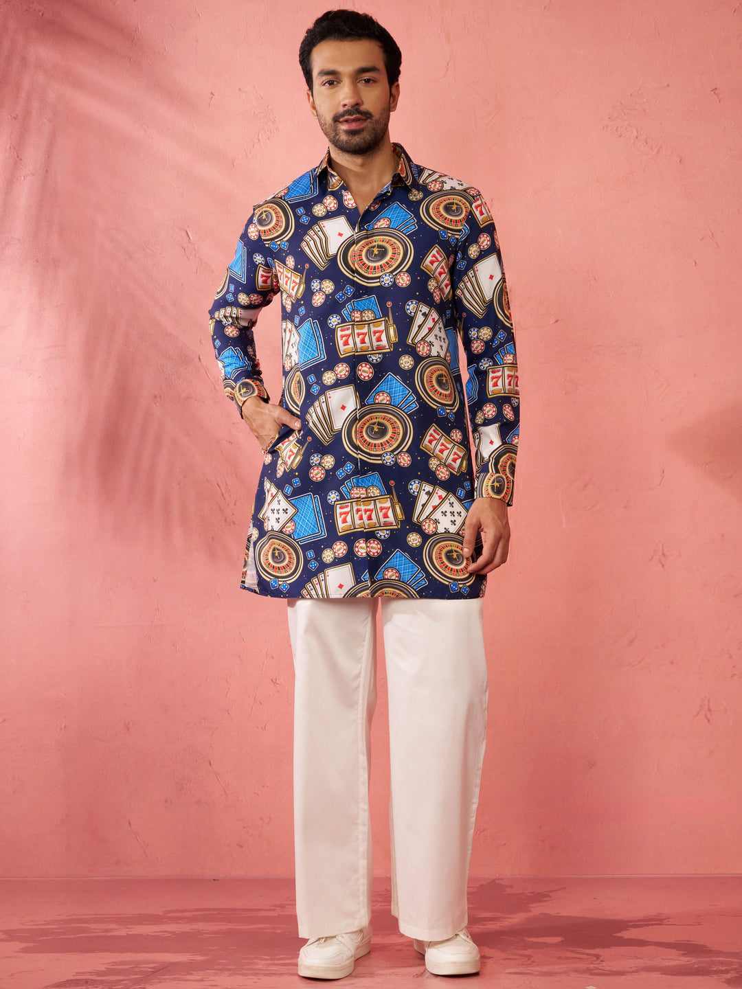 Men's Blue Digital Print Kurta with Cream Palazzo Set