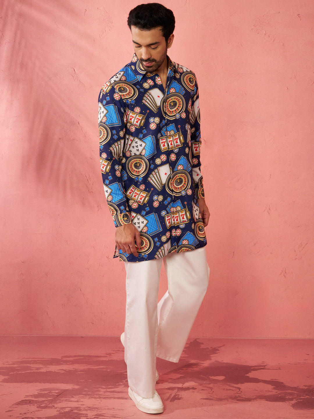 Men's Blue Digital Print Kurta with Cream Palazzo Set
