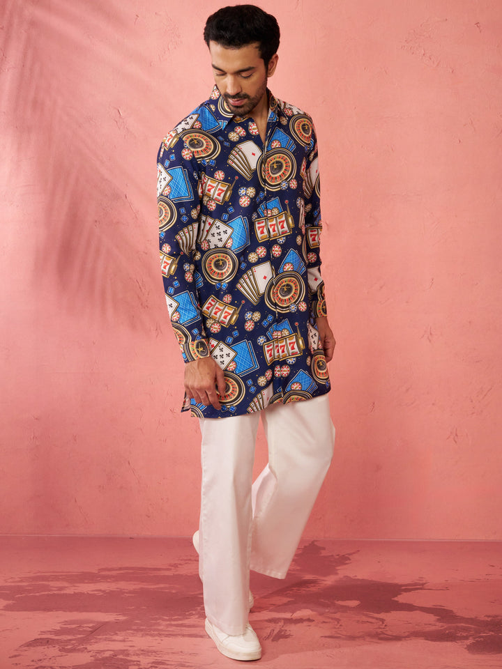 Men's Blue Digital Print Kurta with Cream Palazzo Set