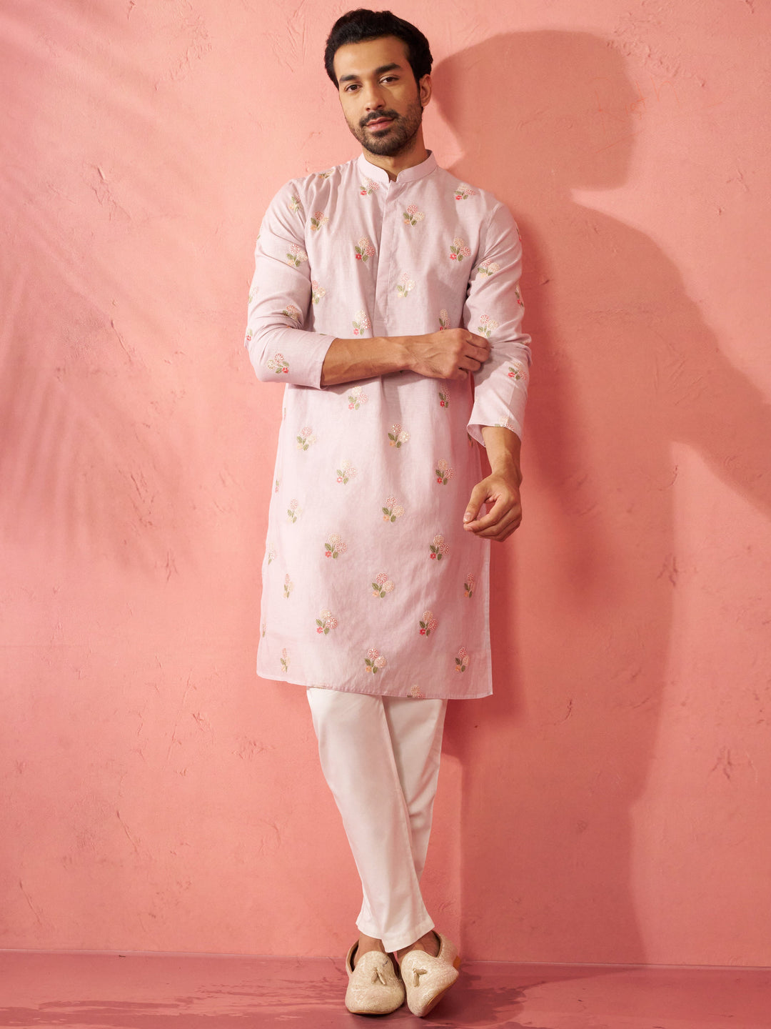 Men's Lavender Cotton Kurta with Cream Pyjama