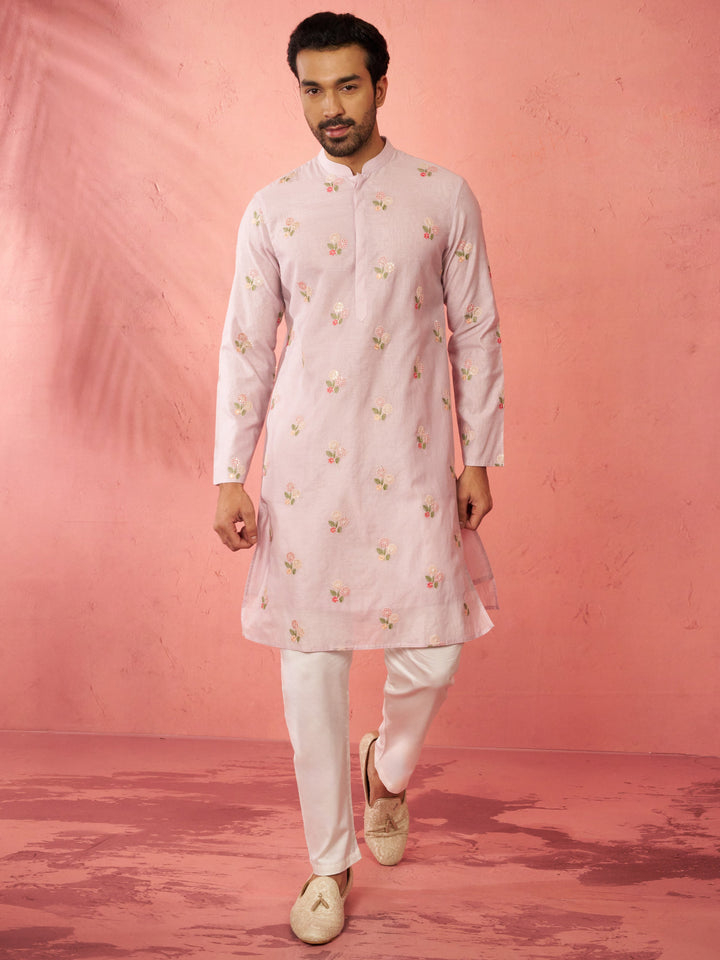 Men's Lavender Cotton Kurta with Cream Pyjama