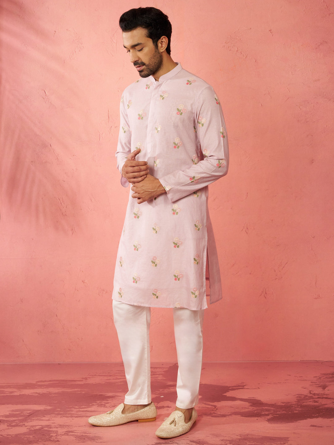 Men's Lavender Cotton Kurta with Cream Pyjama