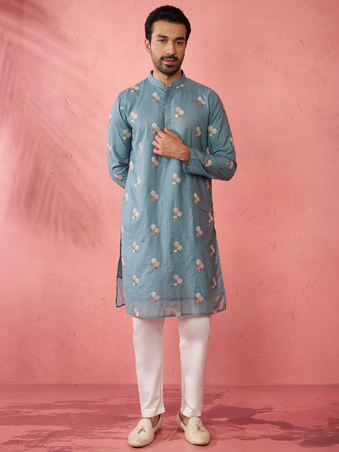 Men's Sage Green Cotton Kurta with Cream Pyjama