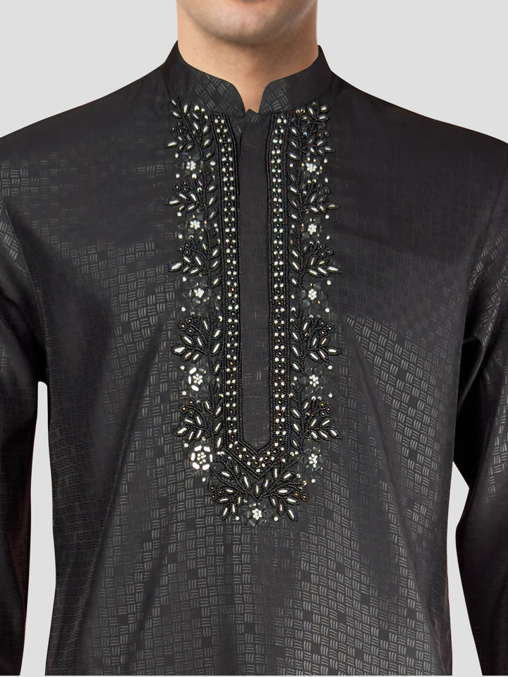 Men's Black Embroidered Kurta with Black Pyjama