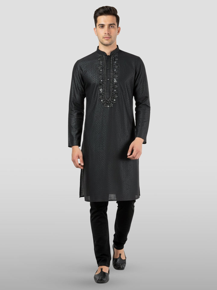 Men's Black Embroidered Kurta with Black Pyjama