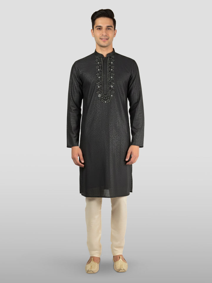 Men's Black Embroidered Kurta with Cream Pyjama