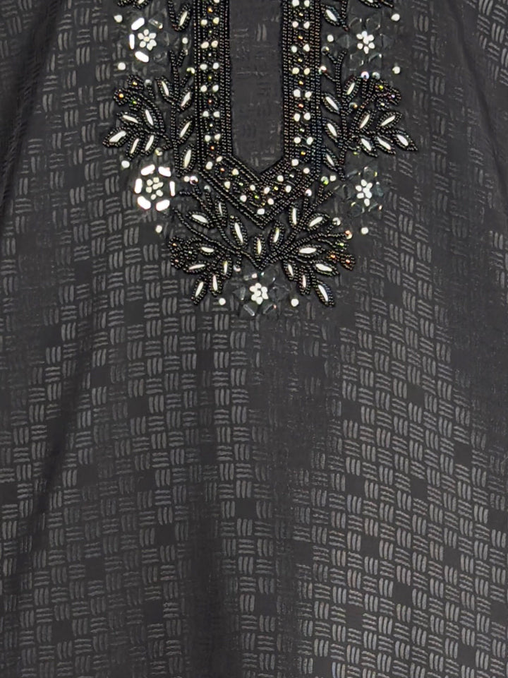 Men's Black Embroidered Kurta with Cream Pyjama