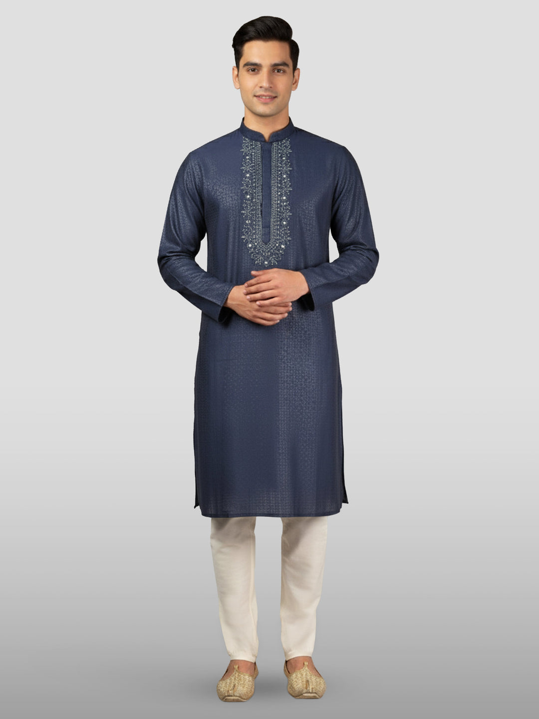 Men's Navy Blue Embroidered Kurta with Cream Pyjama