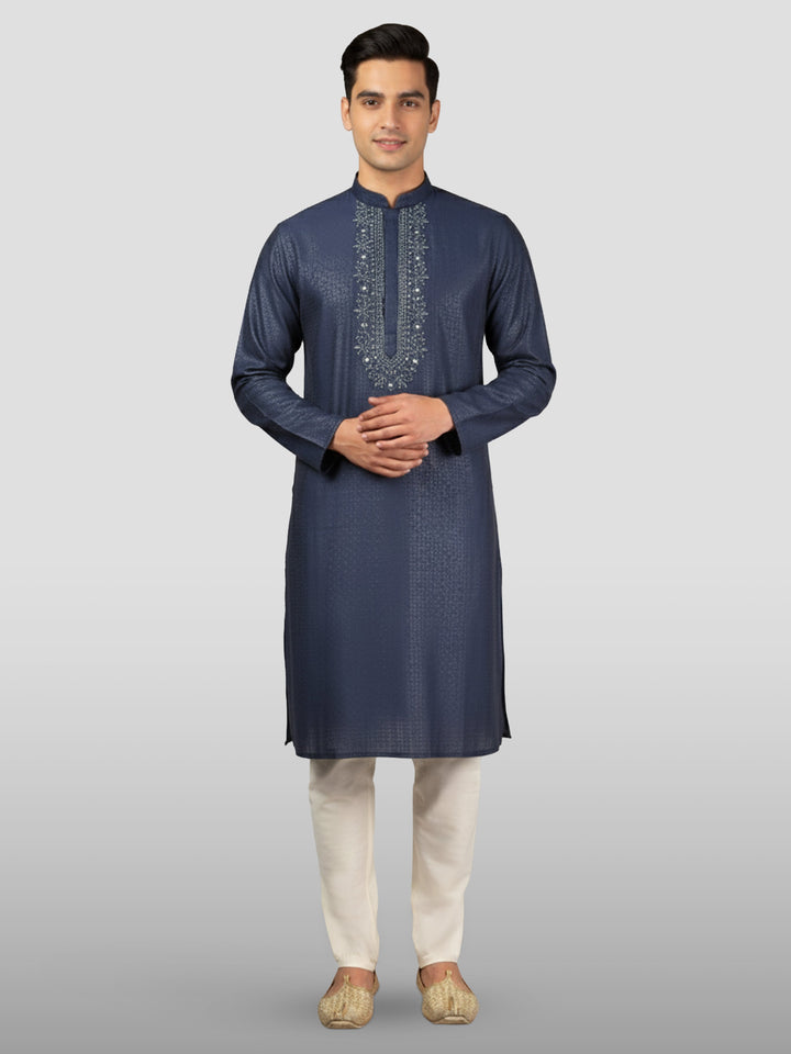 Men's Navy Blue Embroidered Kurta with Cream Pyjama