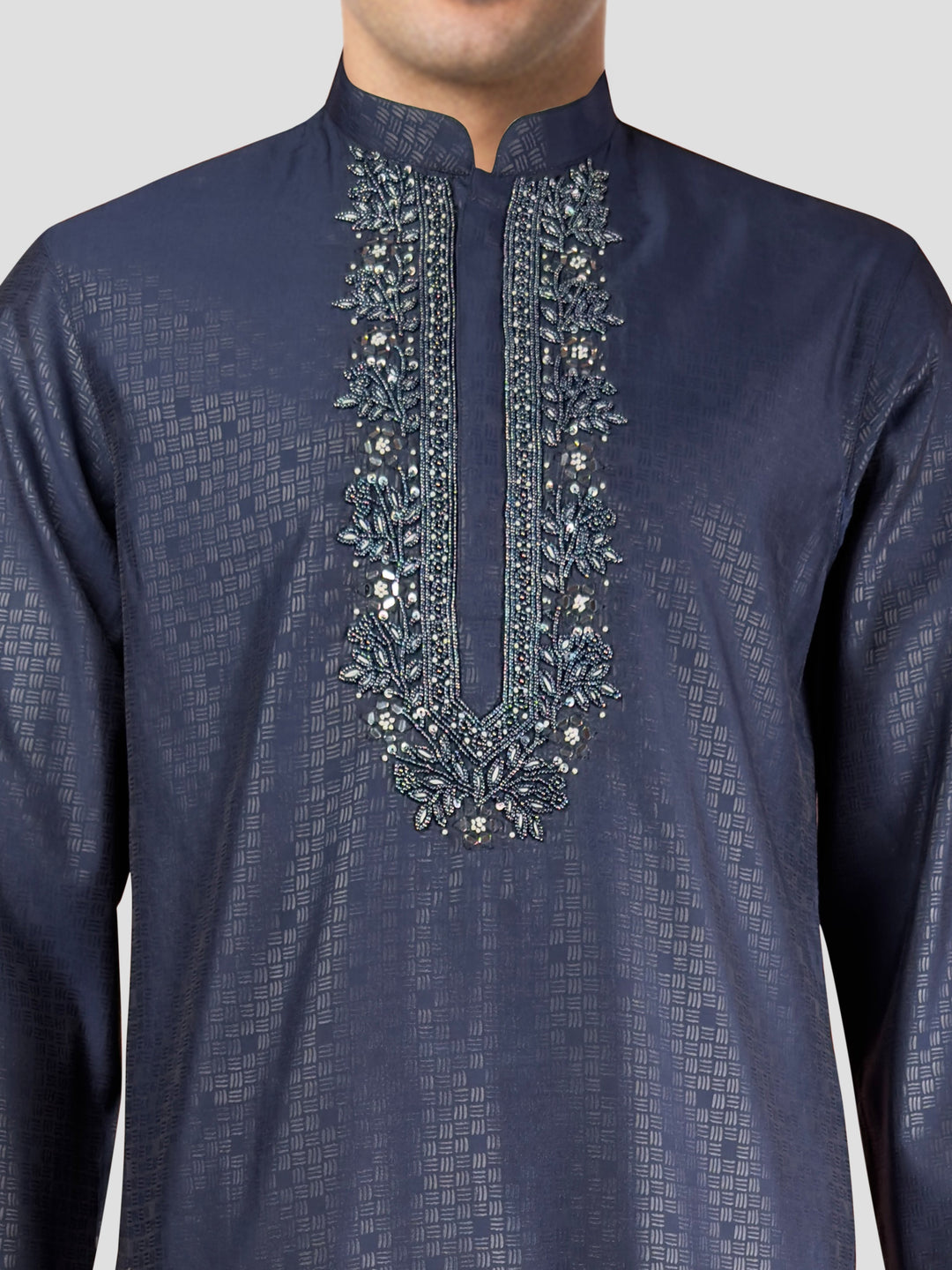 Men's Navy Blue Embroidered Kurta with Cream Pyjama