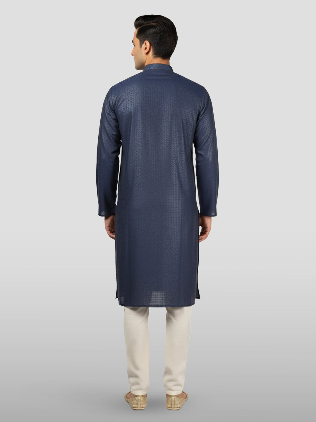Men's Navy Blue Embroidered Kurta with Cream Pyjama