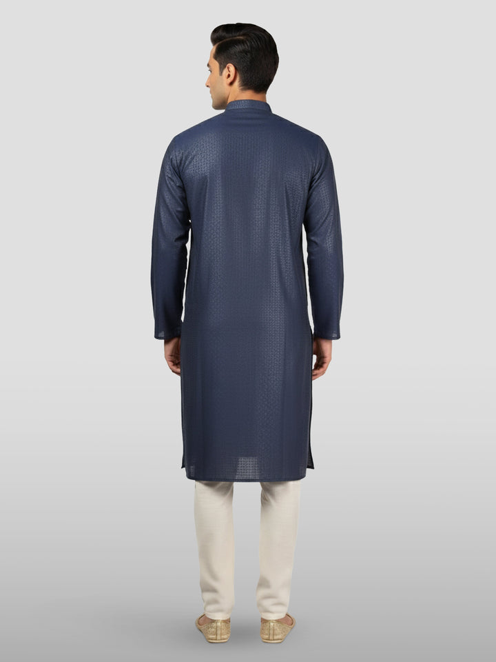 Men's Navy Blue Embroidered Kurta with Cream Pyjama