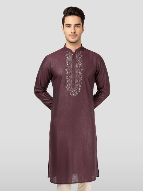 Men's Wine Zudio Emboss Silk Kurta