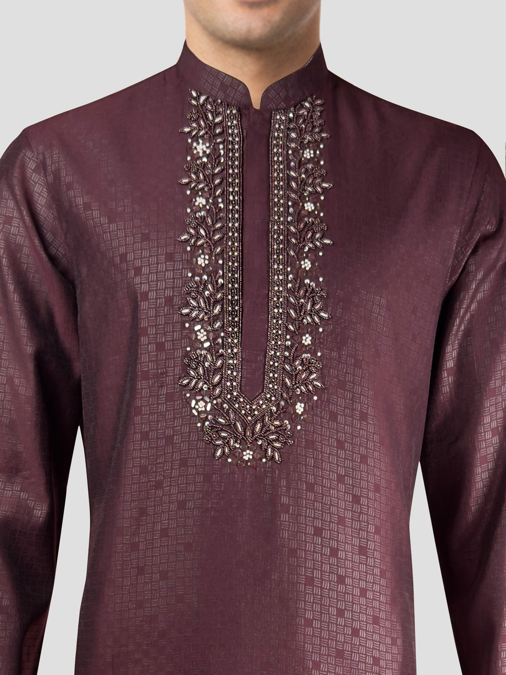 Men's Wine Zudio Emboss Silk Kurta