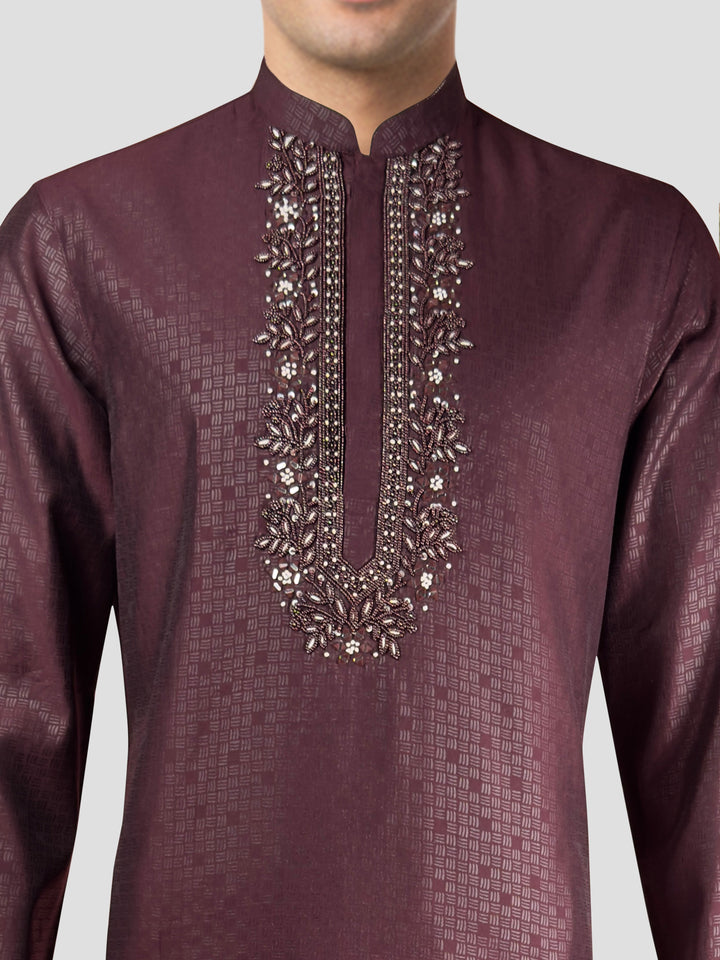 Men's Wine Zudio Emboss Silk Kurta