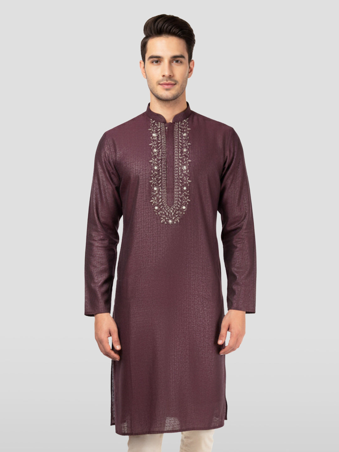 Men's Wine Zudio Emboss Silk Kurta