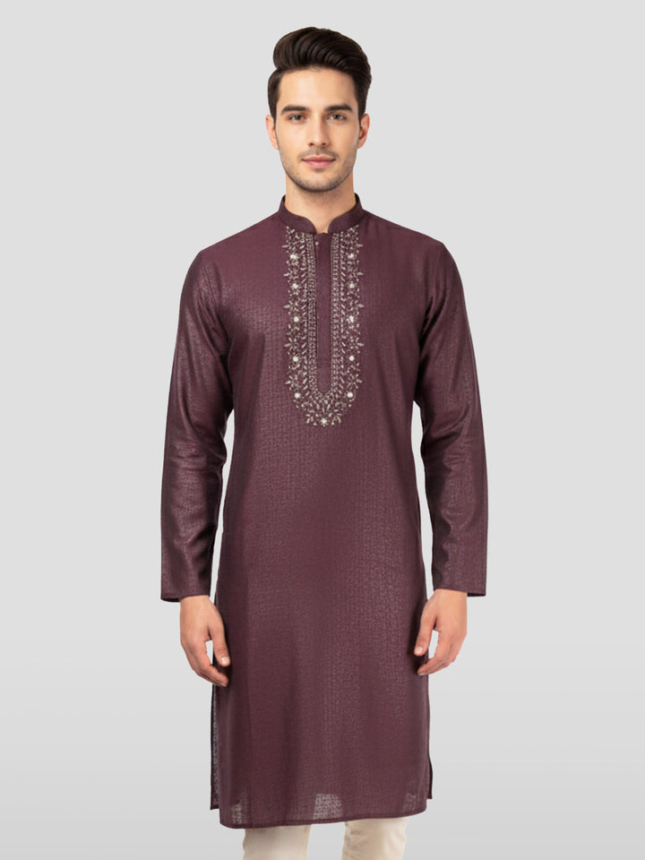 Men's Wine Zudio Emboss Silk Kurta