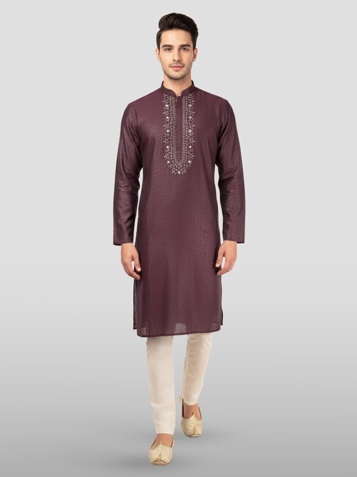 Men's Wine Embroidered Kurta with Cream Pyjama