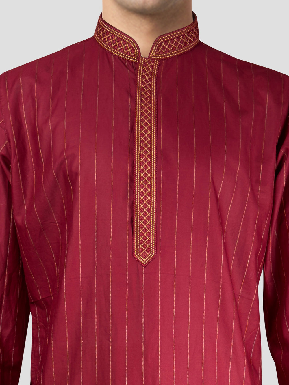 Men's Maroon Embroidered Kurta with Cream Pyjama