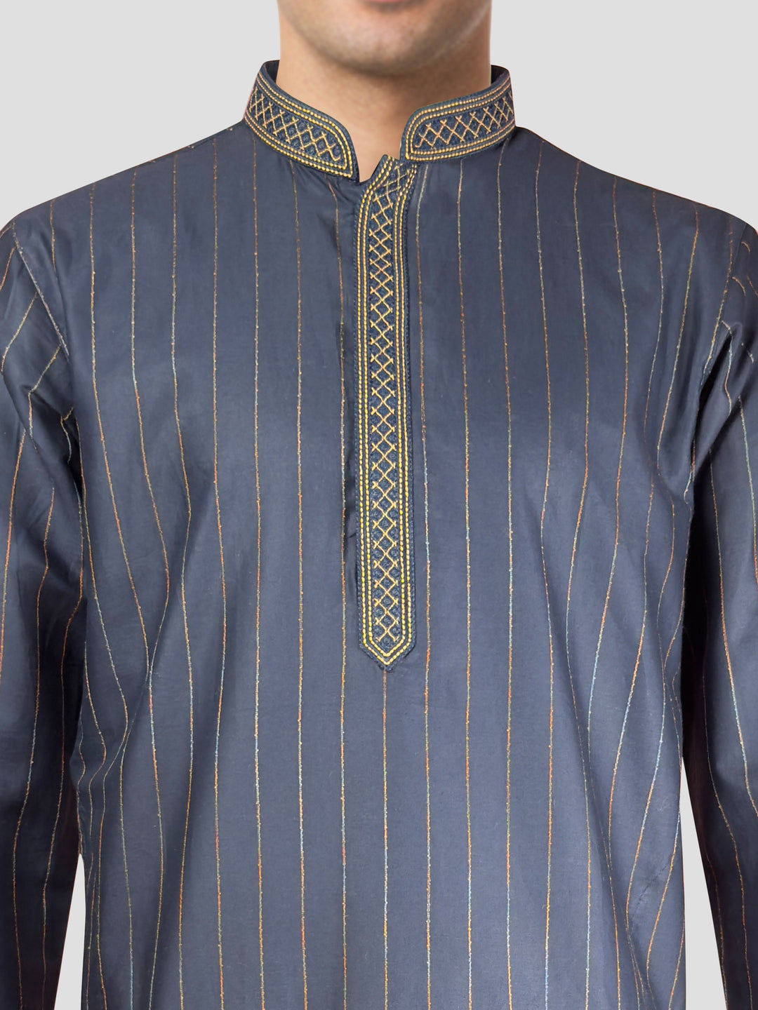 Men's Navy Blue Embroidered Kurta with Cream Pyjama
