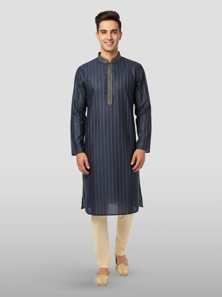 Men's Navy Blue Embroidered Kurta with Cream Pyjama