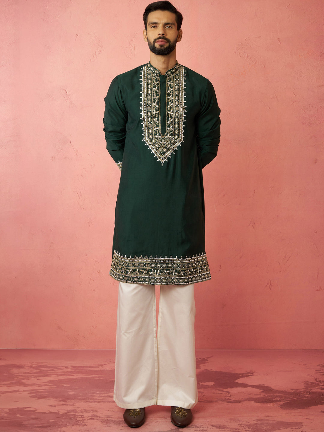 Men's Bottle Green Chanderi Kurta Set with Cream Pant