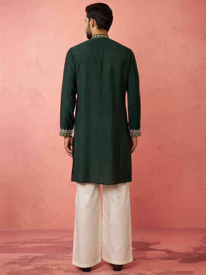 Men's Bottle Green Chanderi Kurta Set with Cream Pant