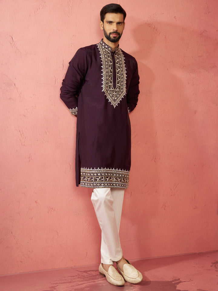 Men's Purple Chanderi Kurta Set with Cream Pyjama