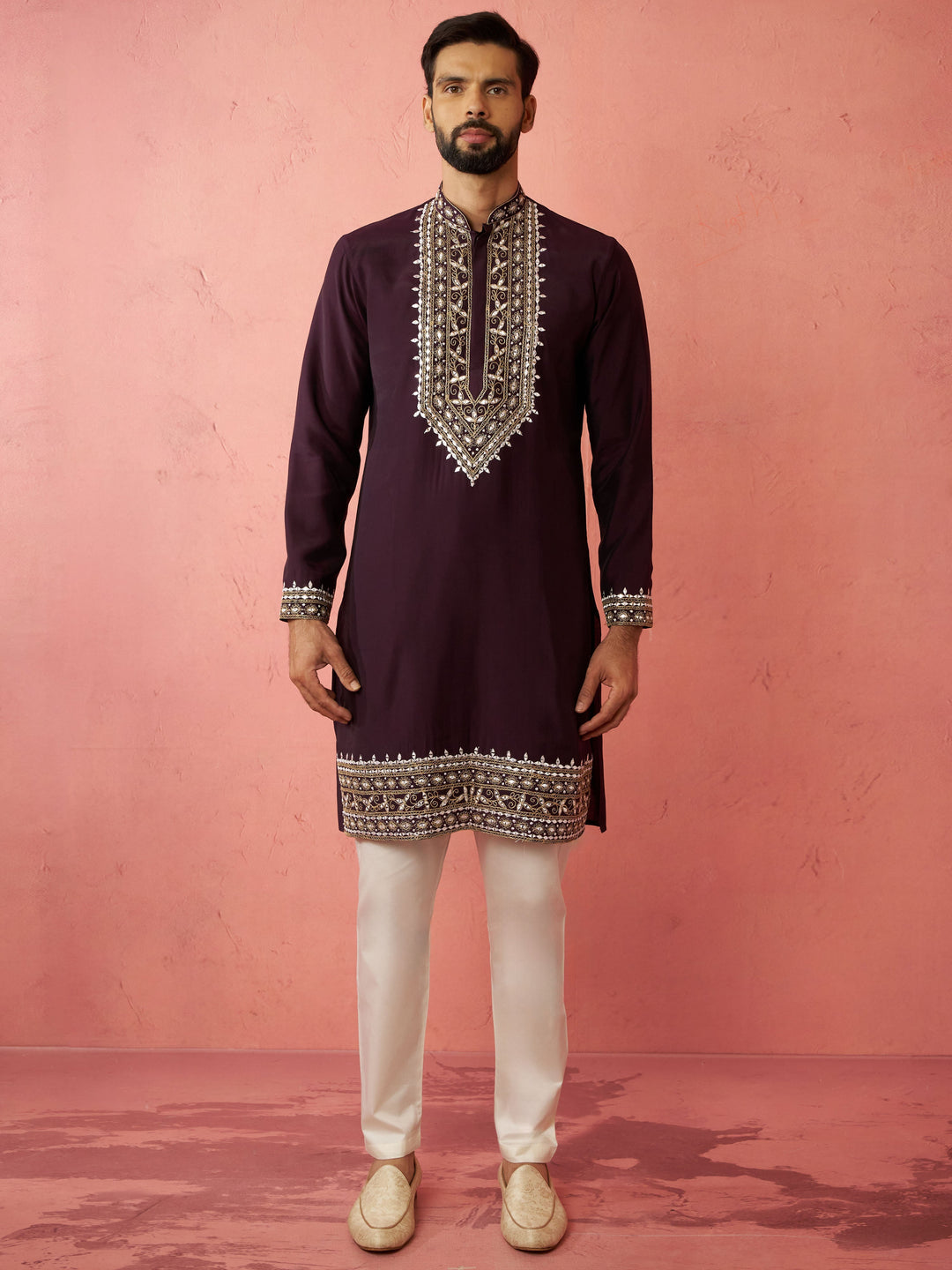 Men's Purple Chanderi Kurta Set with Cream Pyjama
