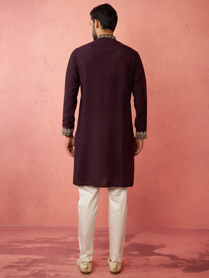 Men's Purple Chanderi Kurta Set with Cream Pyjama