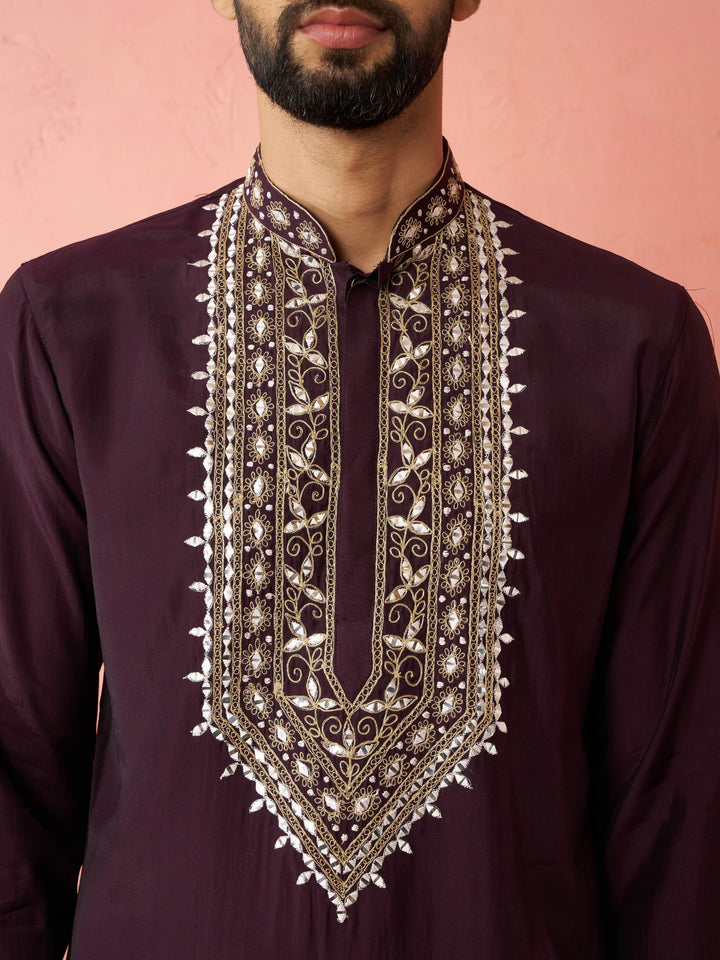 Men's Purple Chanderi Kurta Set with Cream Pant