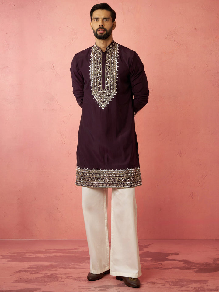 Men's Purple Chanderi Kurta Set with Cream Pant