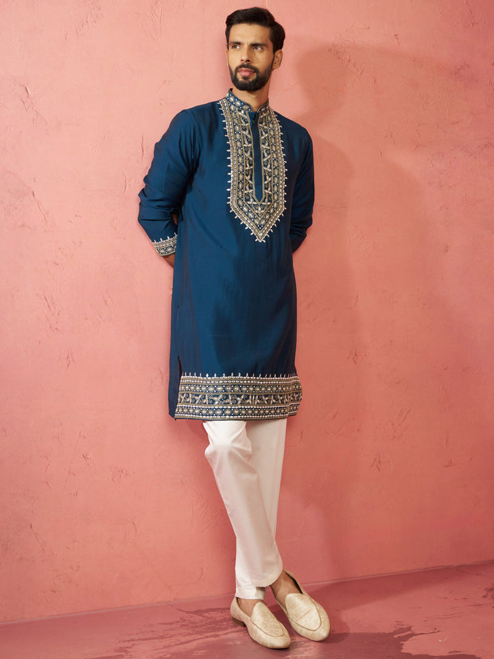 Men's Turquoise Chanderi Kurta Set with Cream Pyjama