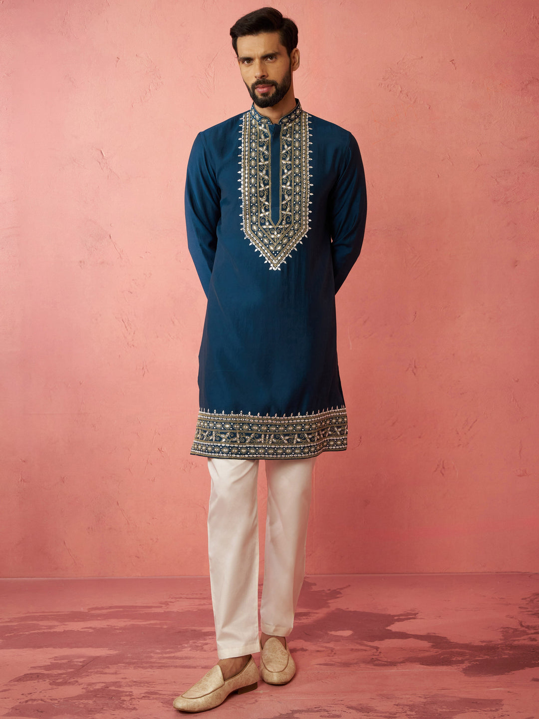 Men's Turquoise Chanderi Kurta Set with Cream Pyjama