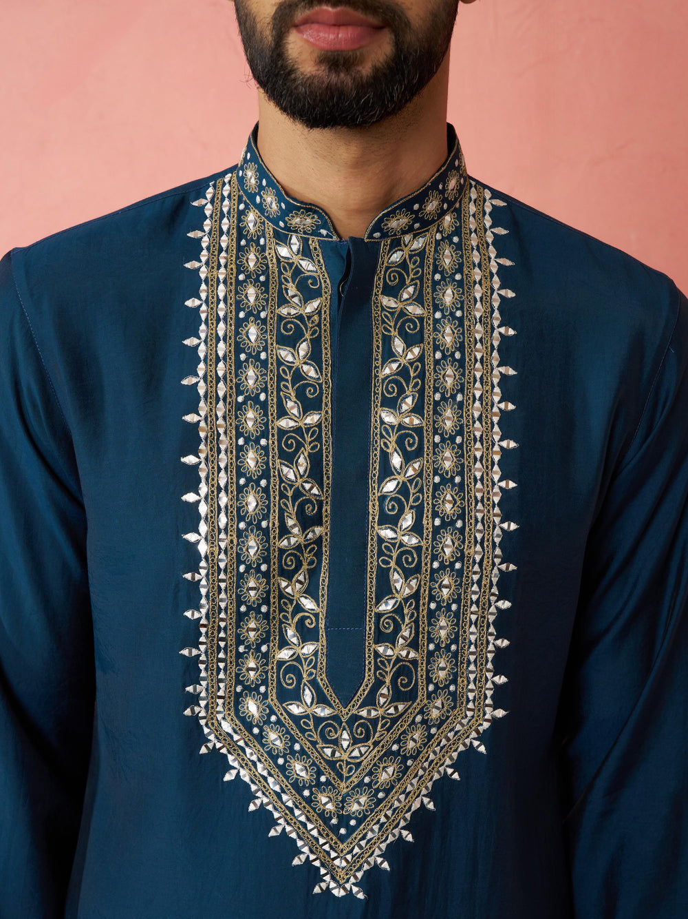 Men's Turquoise Chanderi Kurta Set with Cream Pant