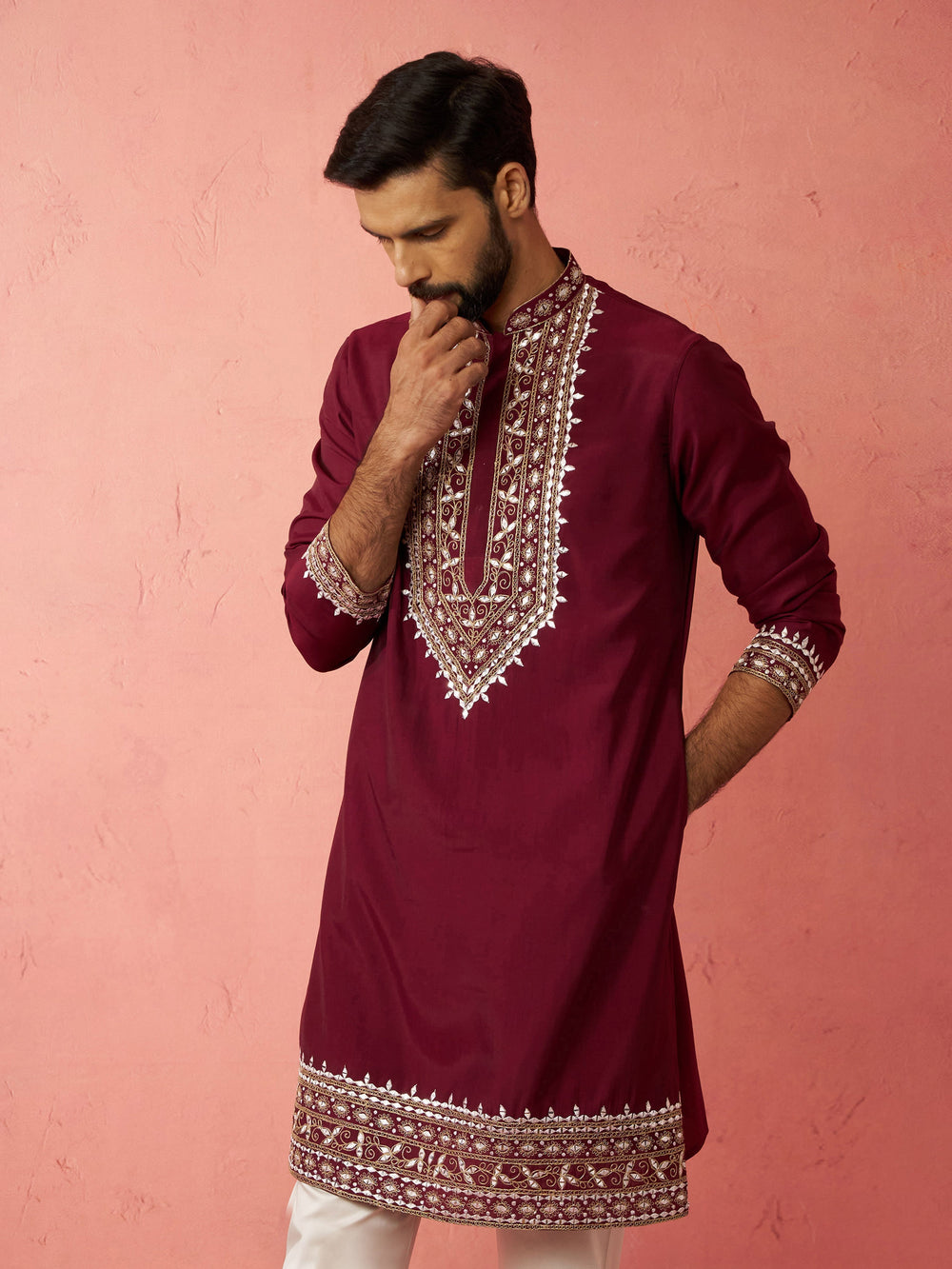 Men's Wine Modal Chanderi Kurta