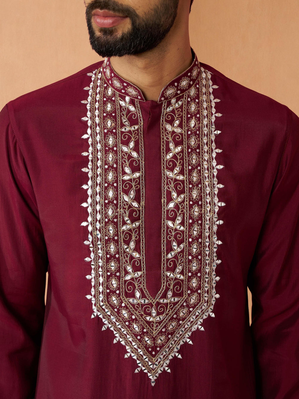 Men's Wine Chanderi Embroidered Knee-Length Kurta with Dhoti