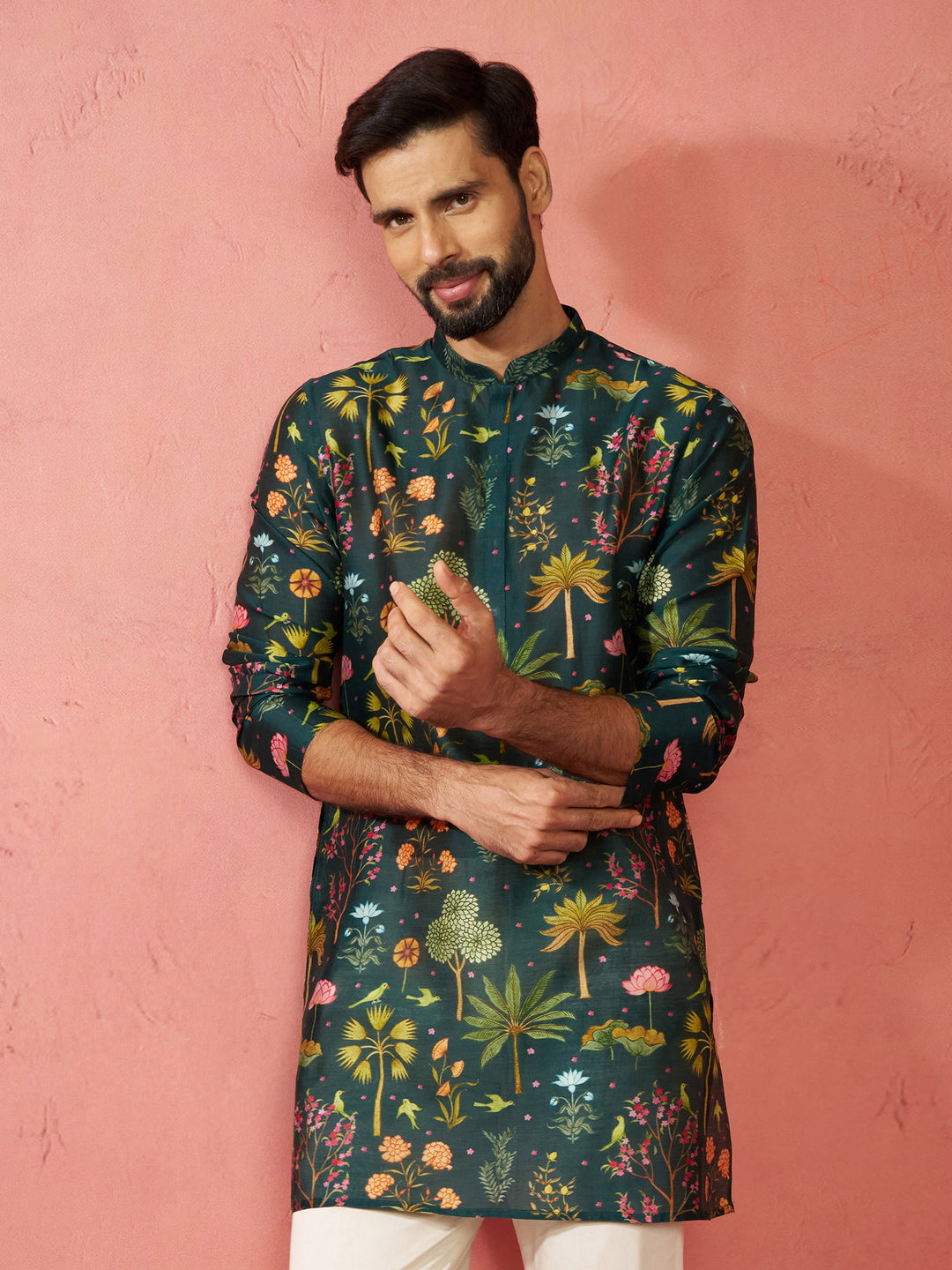 Men's Bottle Green Digital Print Kurta