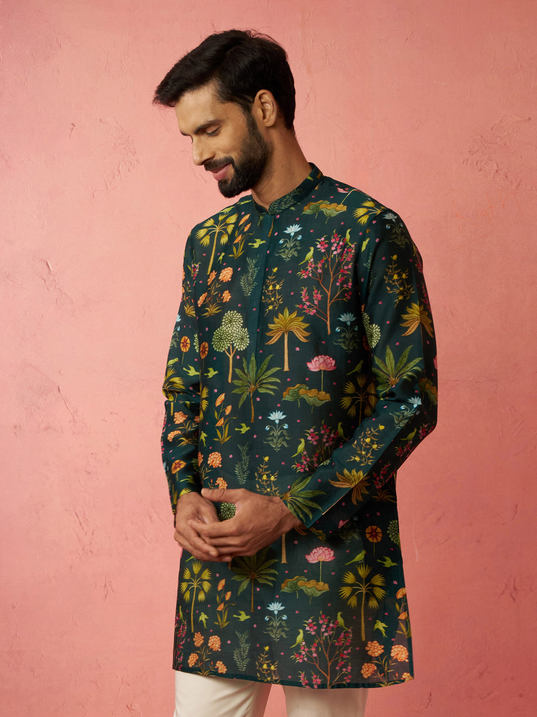 Men's Bottle Green Digital Print Kurta