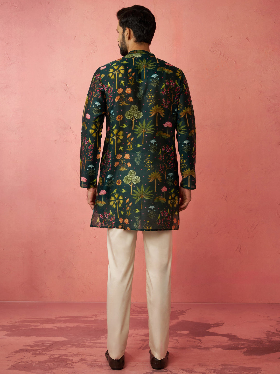 Men's Bottle Green Digital Print Kurta with Cotton Pyjama Set