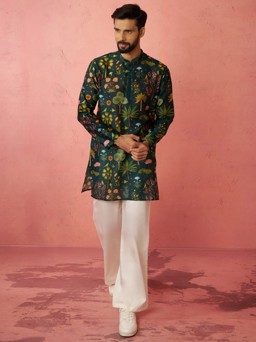 Men's Bottle Green Digital Print Kurta with Cream Satin Palazzo Set