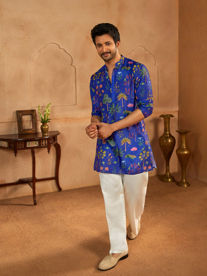 Men's Blue Digital Print Kurta with Cream Satin Palazzo