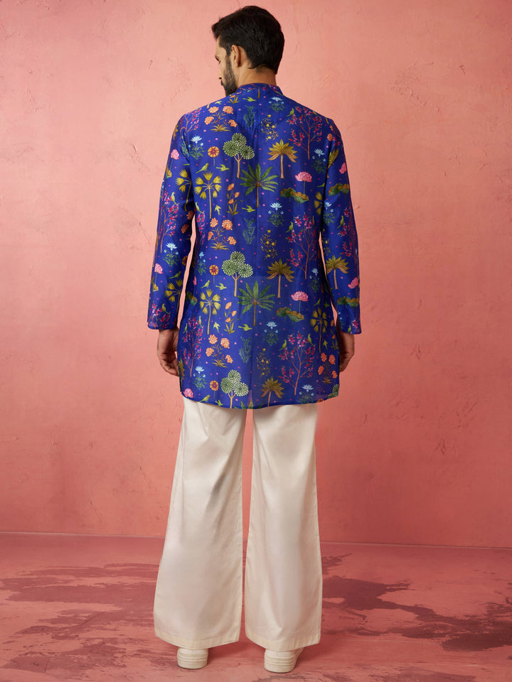 Men's Blue Digital Print Kurta with Cream Satin Palazzo