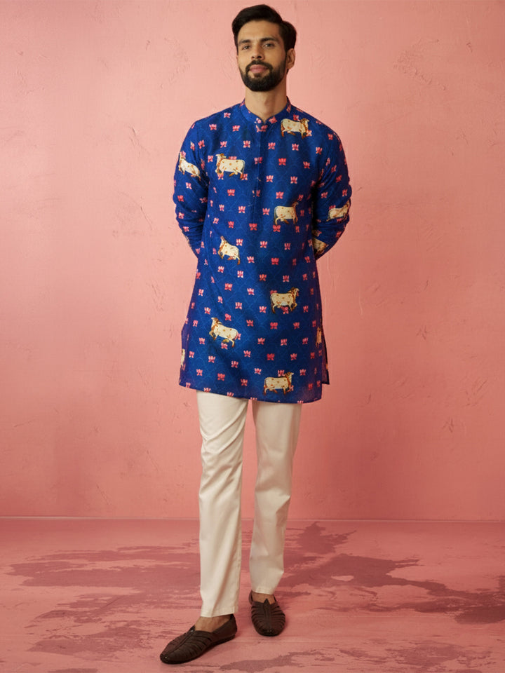 Men's Blue Digital Print Kurta with Cream Cotton Pyjama