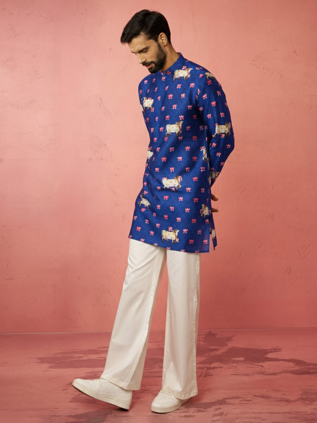 Men's Blue Digital Print Kurta with Cream Satin Palazzo