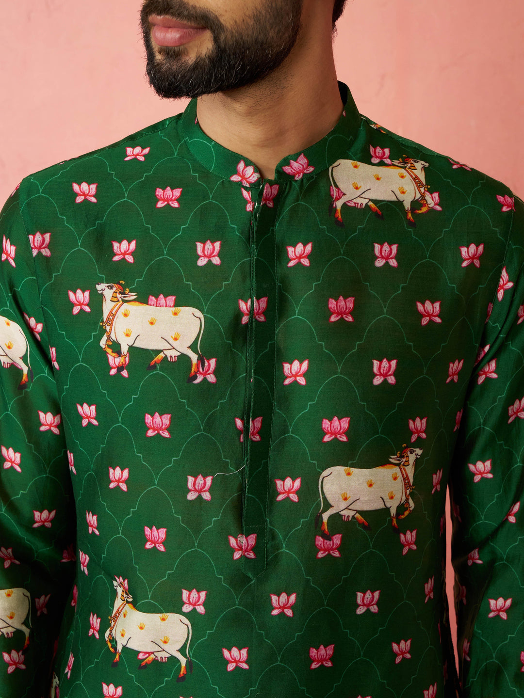 Men's Green Digital Print Kurta with Cotton Pyjama