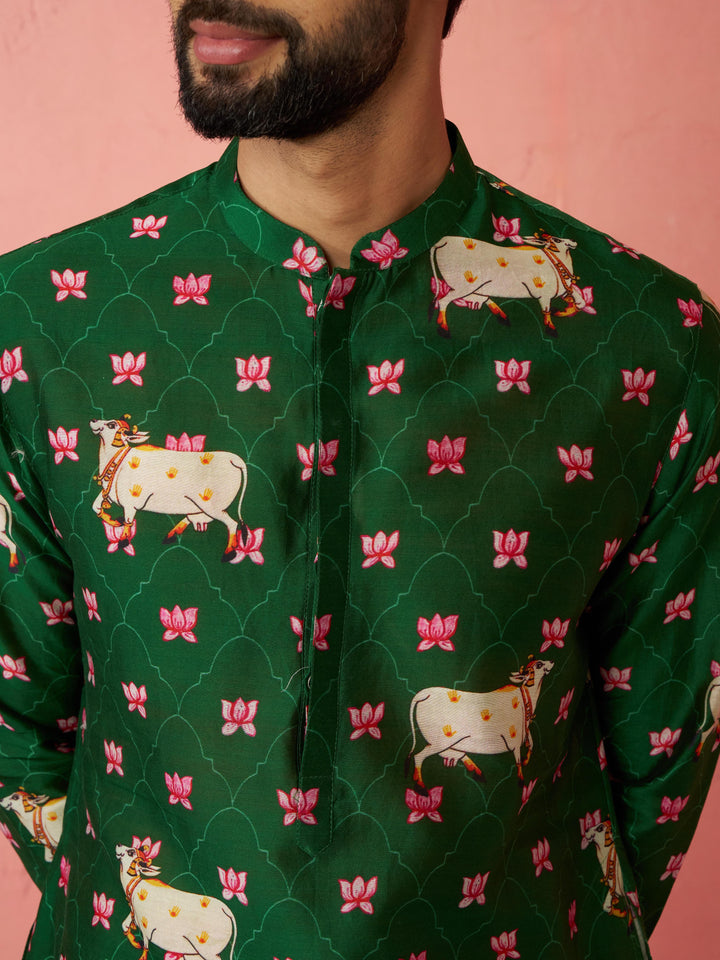 Men's Green Digital Print Kurta with Cream Satin Palazzo