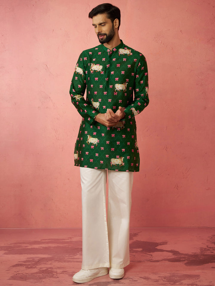Men's Green Digital Print Kurta with Cream Satin Palazzo